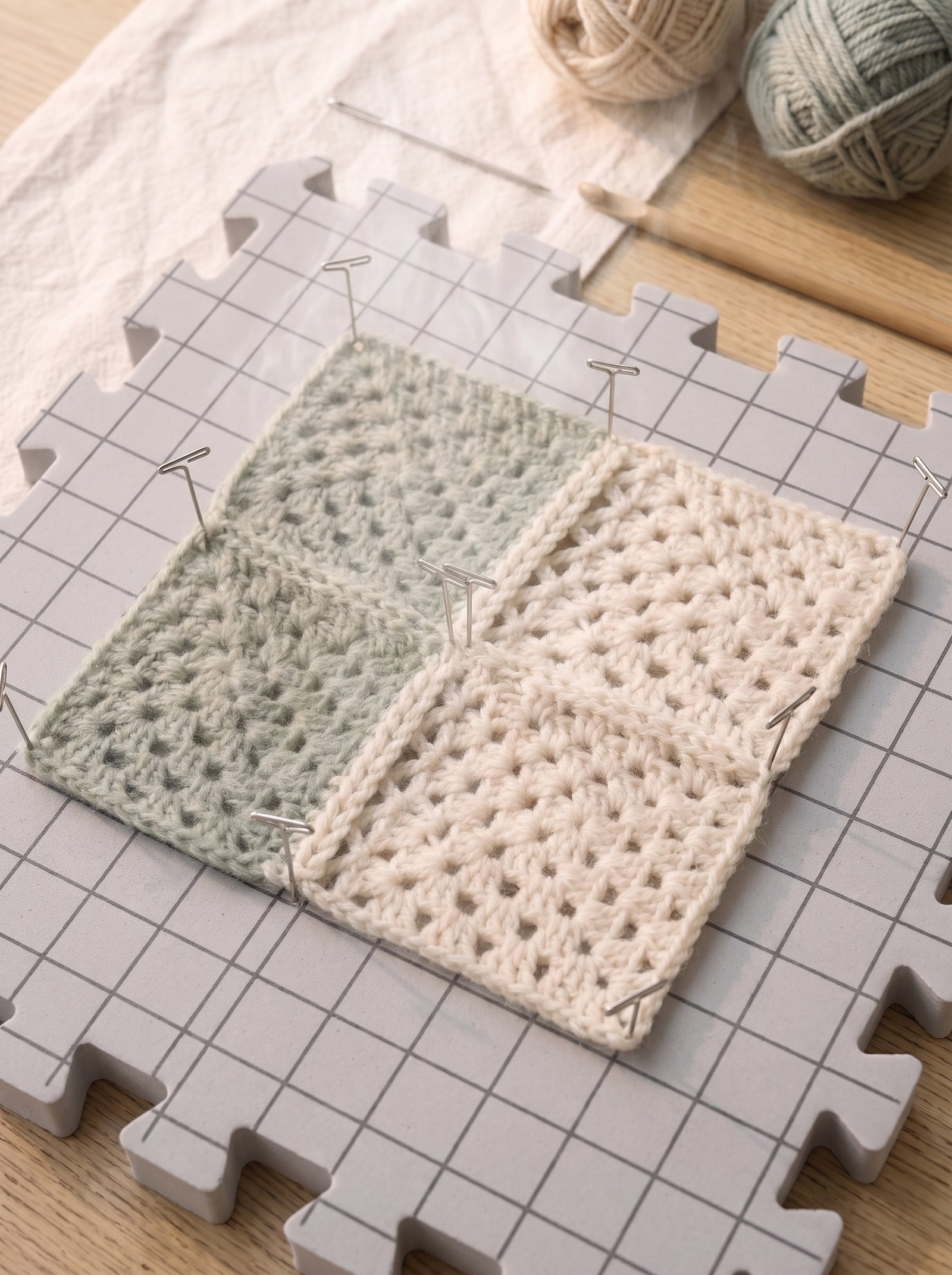 Four freshly joined crochet granny squares pinned flat onto a grid blocking mat with stainless steel T-pins