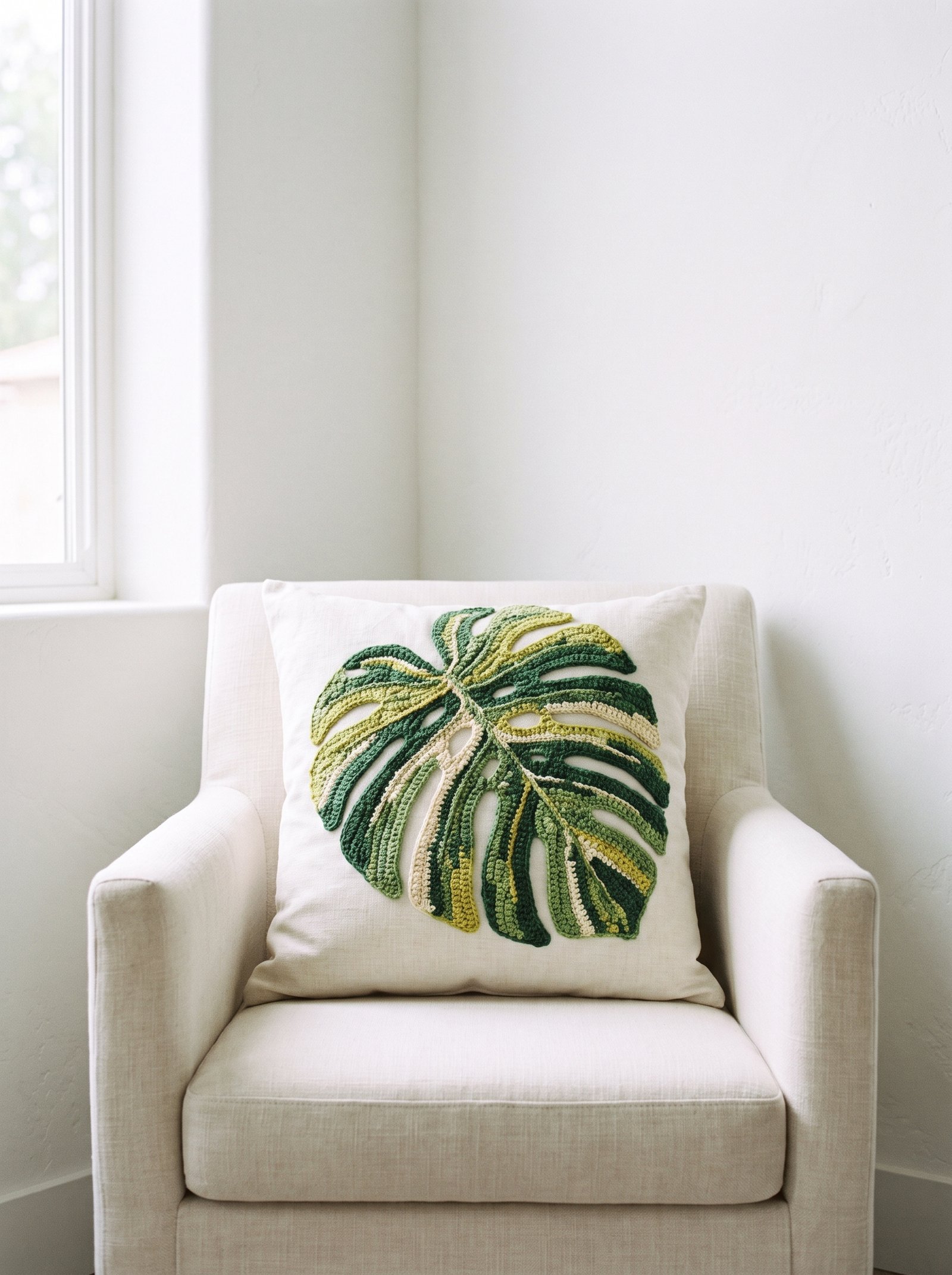 A textured green crochet monstera leaf appliqué sewn neatly onto a neutral cream linen throw pillow resting on a wooden armchair