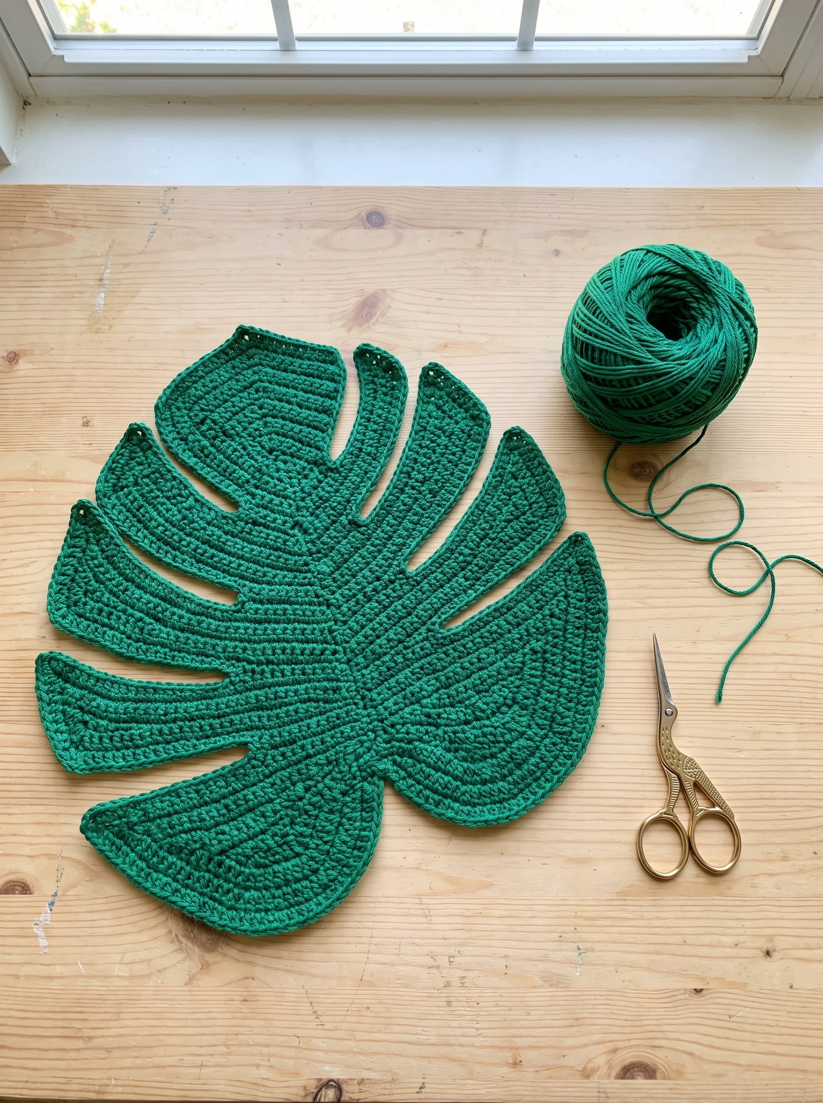 An oversized emerald green crochet monstera leaf placemat laid flat on a pine workbench beside a ball of emerald cotton yarn and brass stork scissors