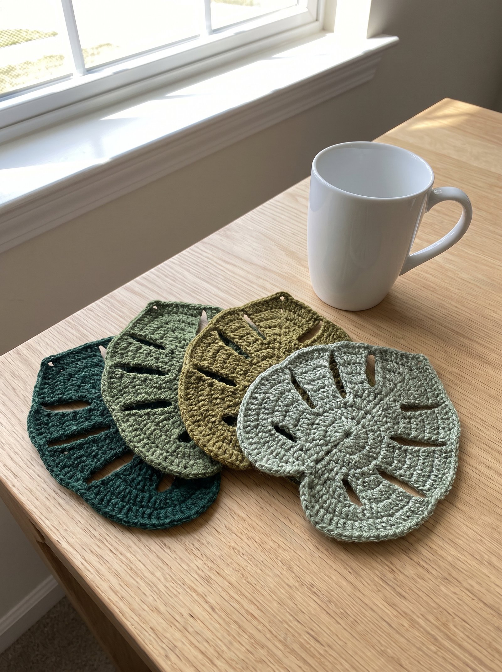 Four green crochet monstera leaf coasters fanned out on a light oak desk beside a warm white ceramic coffee mug in natural window light