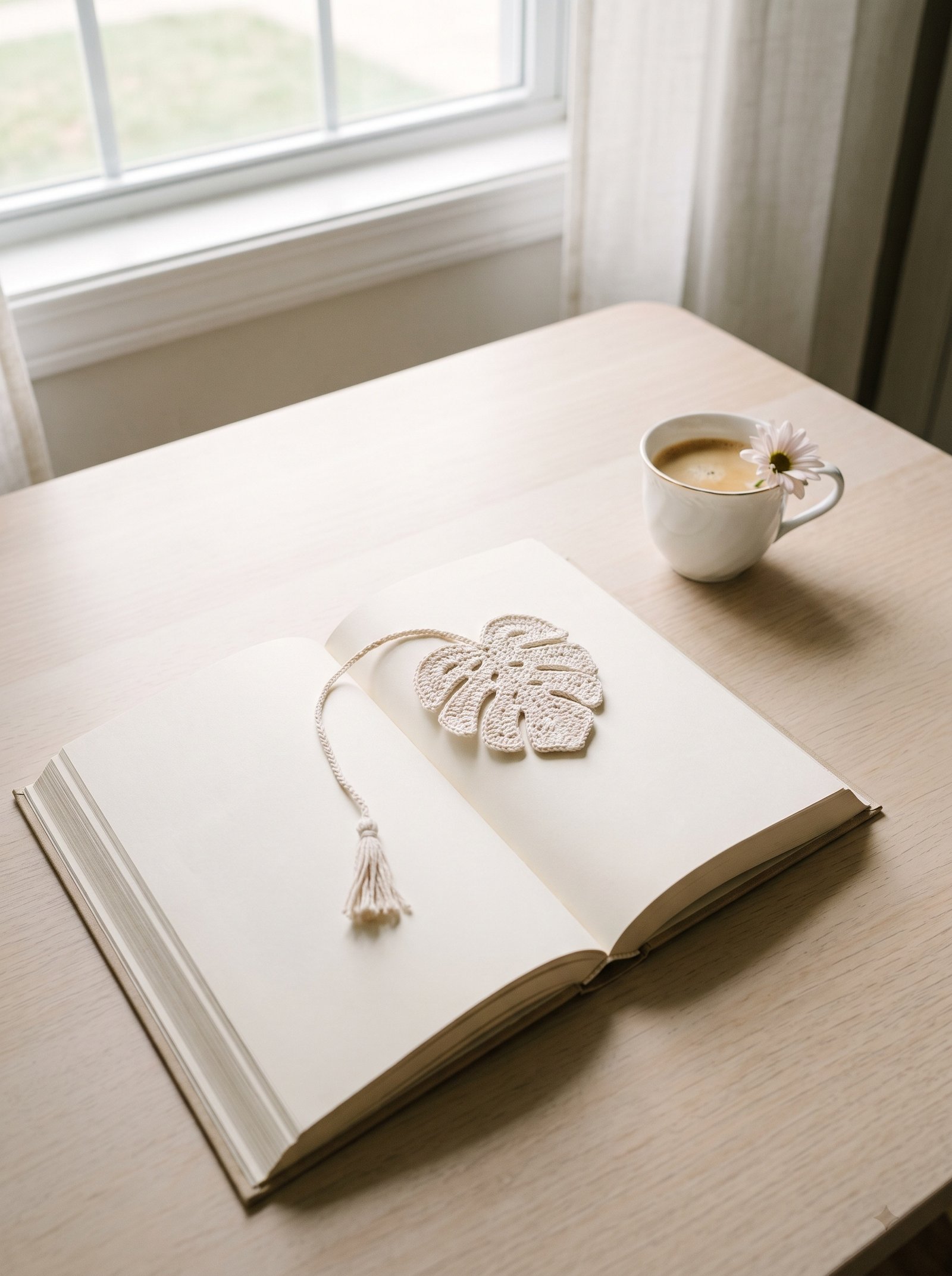 A delicate ecru crochet monstera leaf bookmark with slender cord and beaded tassel resting inside an open hardcover novel beside coffee