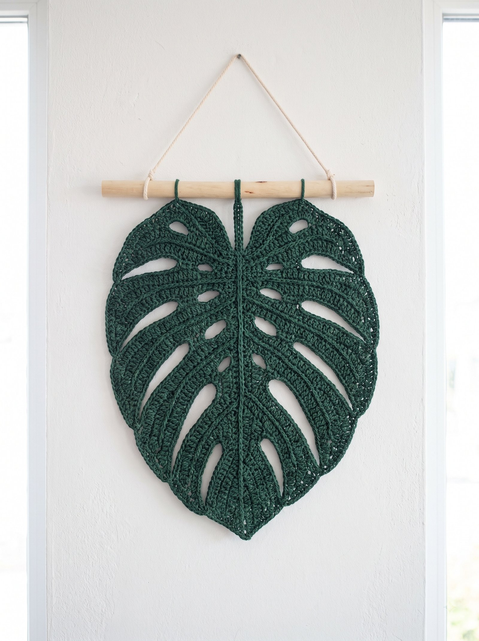 A dramatic dark forest green crochet monstera leaf wall hanging suspended from a rustic natural wood dowel against a clean white wall