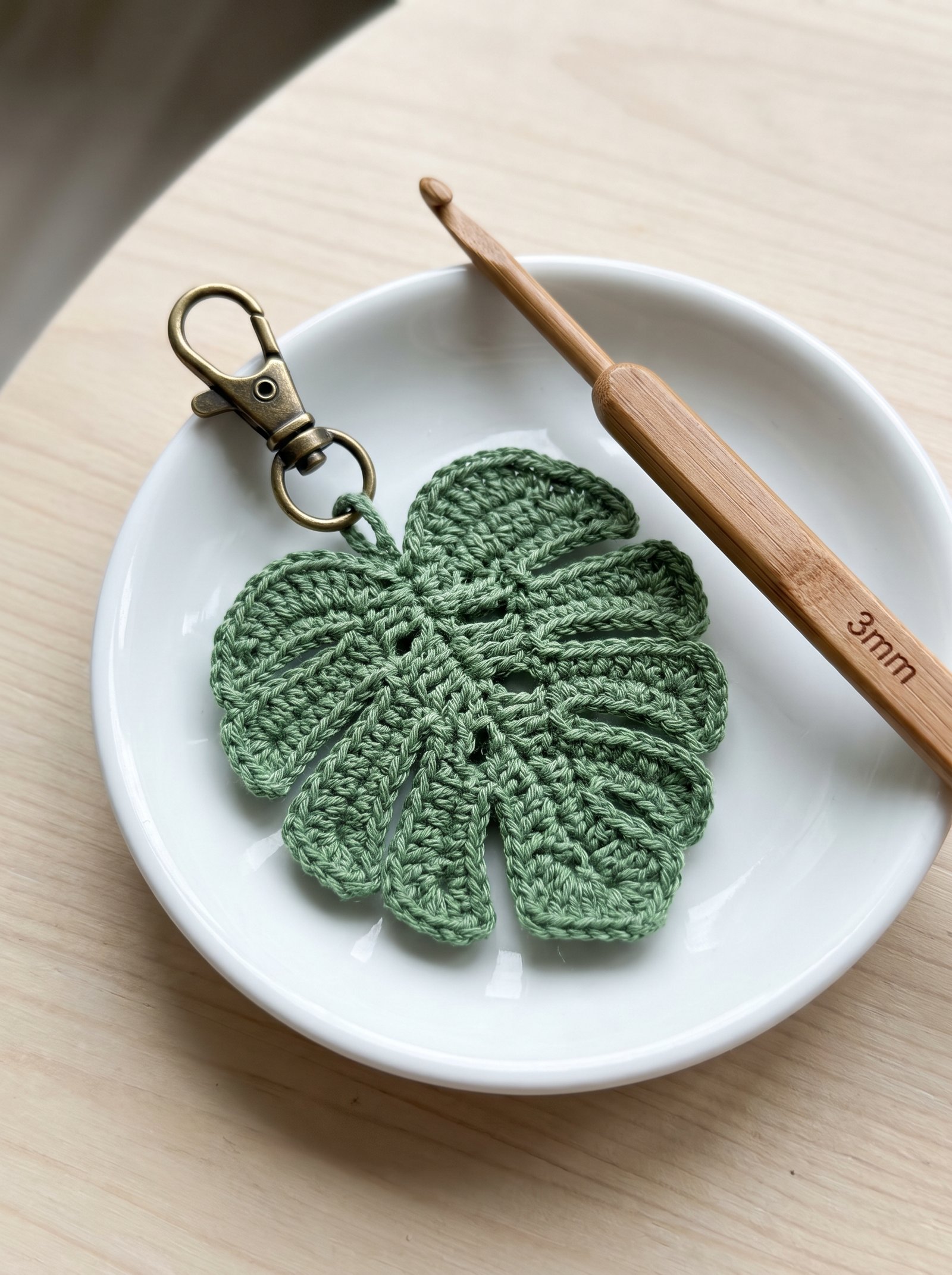 A dainty crochet monstera leaf keychain fitted with an antique bronze swivel clasp resting on a white ceramic dish beside a bamboo hook