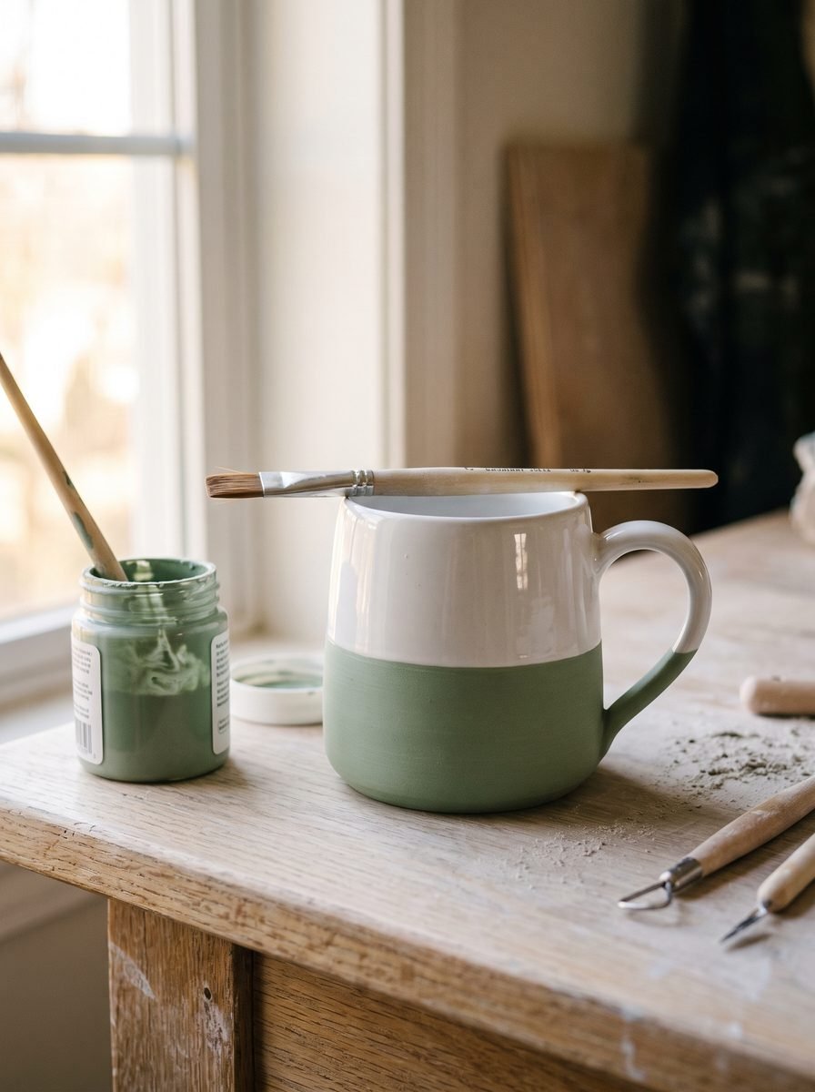 White mug with the lower third painted sage green beside an open jar of green underglaze and a flat brush on a pale oak bench