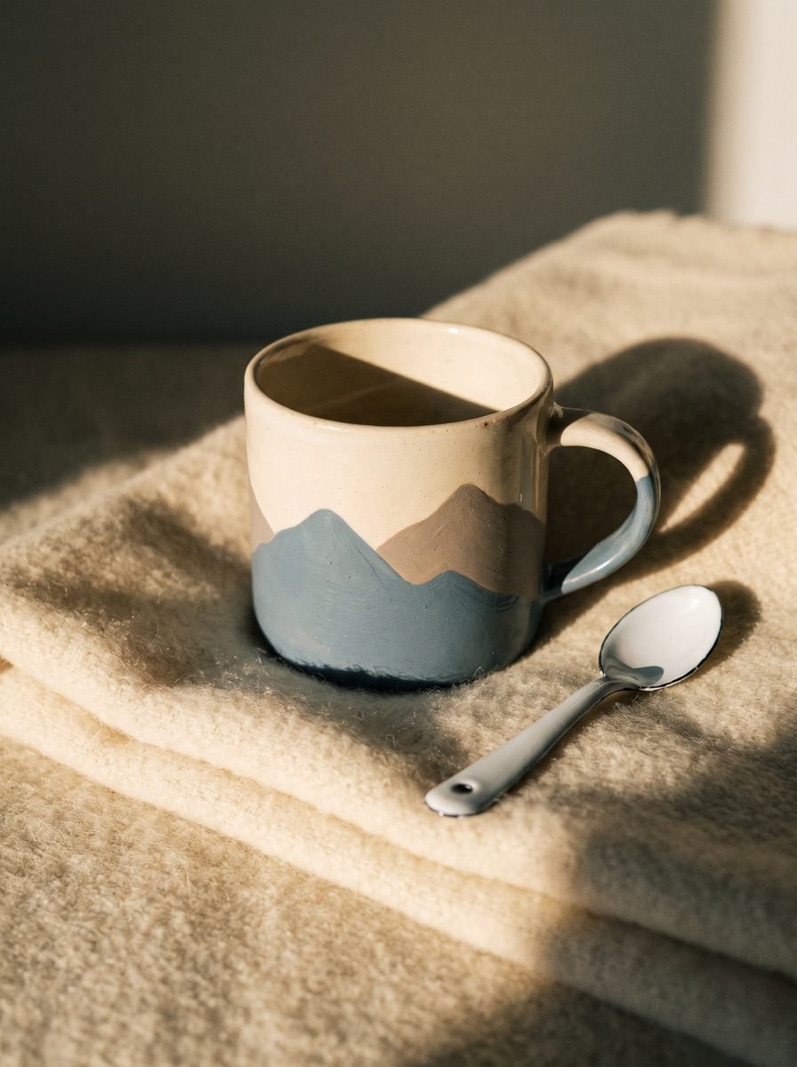 Cream mug painted with overlapping blue and taupe mountain peaks and a blue handle resting on folded cream wool blankets