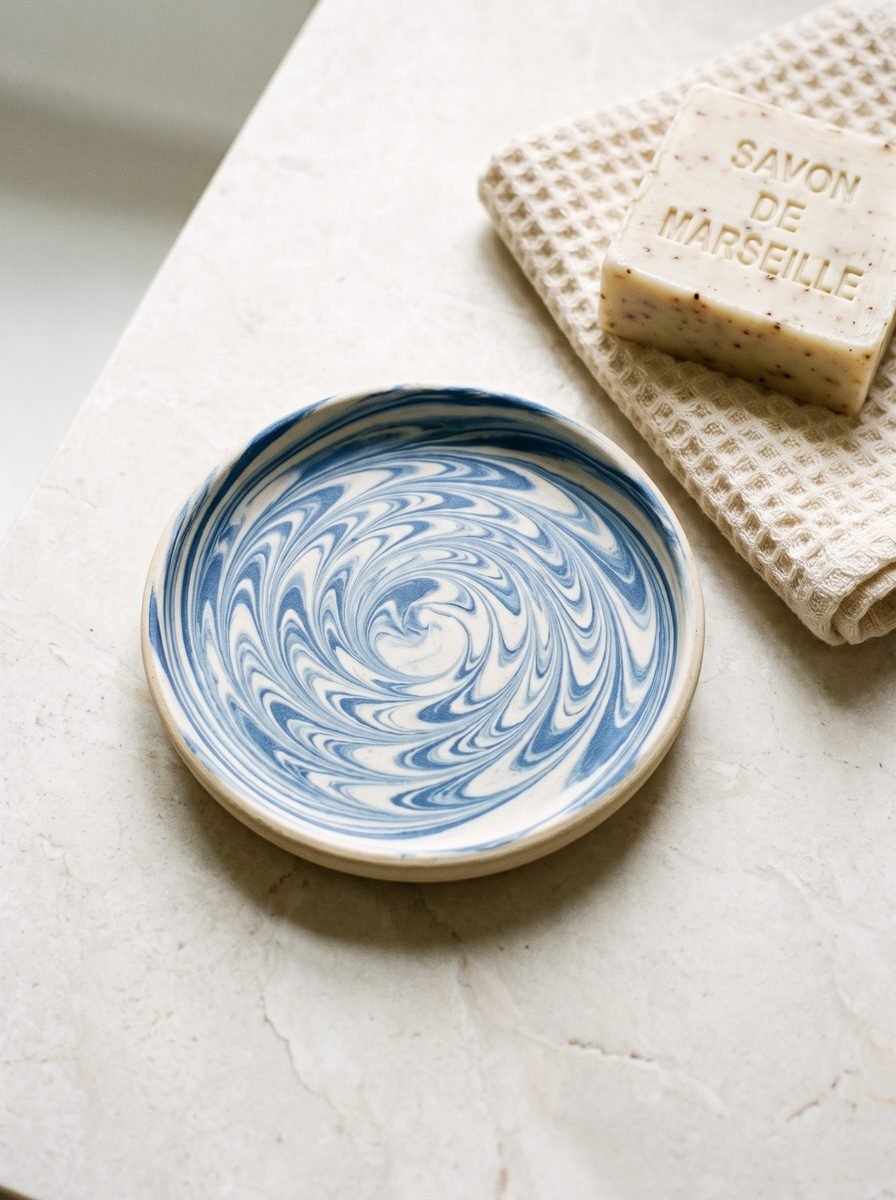Shallow round dish with blue and white feathered marbling in a spiral on a pale stone counter beside a waffle cloth and soap