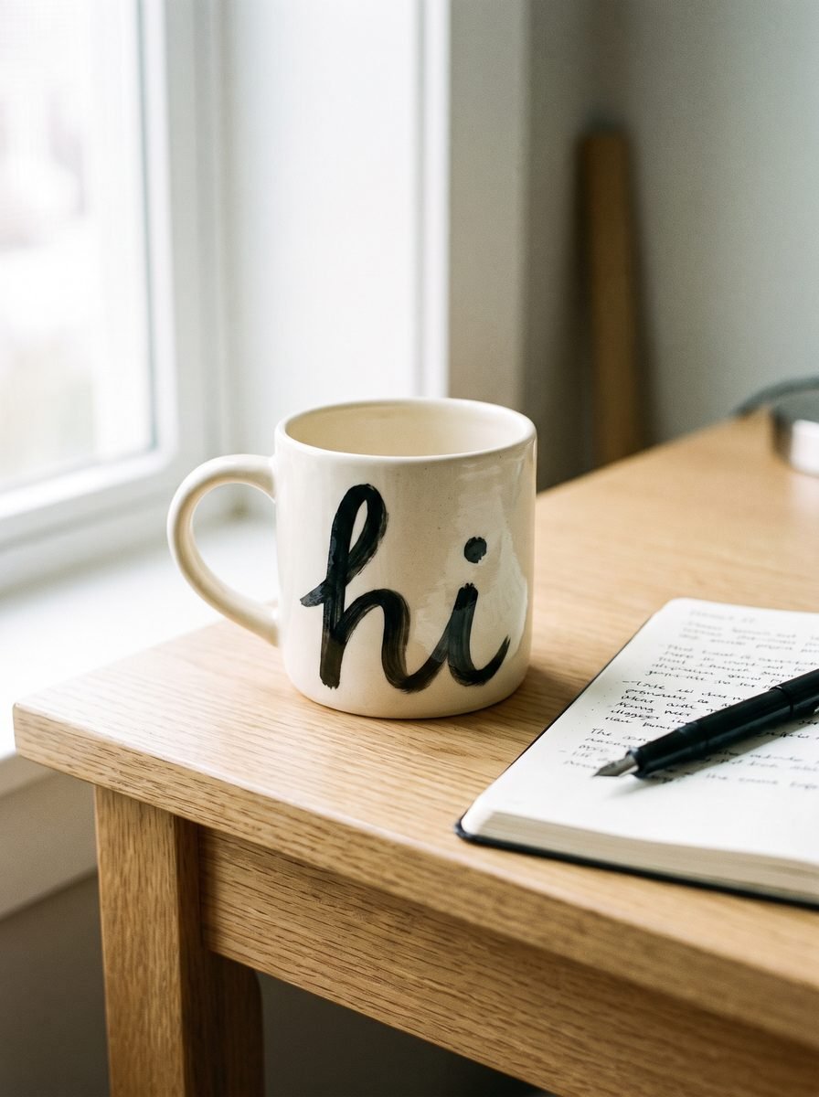 Cream mug lettered with the word hi in loose black brush script on an oak desk beside an open notebook and a pen