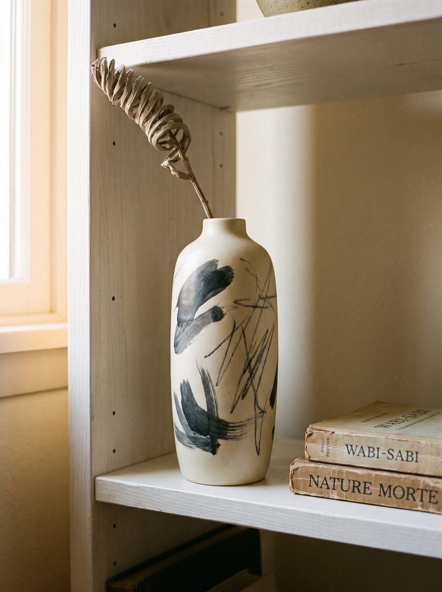 Cream bottle vase marked with broad charcoal brushstrokes and fine scratchy lines holding a dried curled stem on a white bookshelf