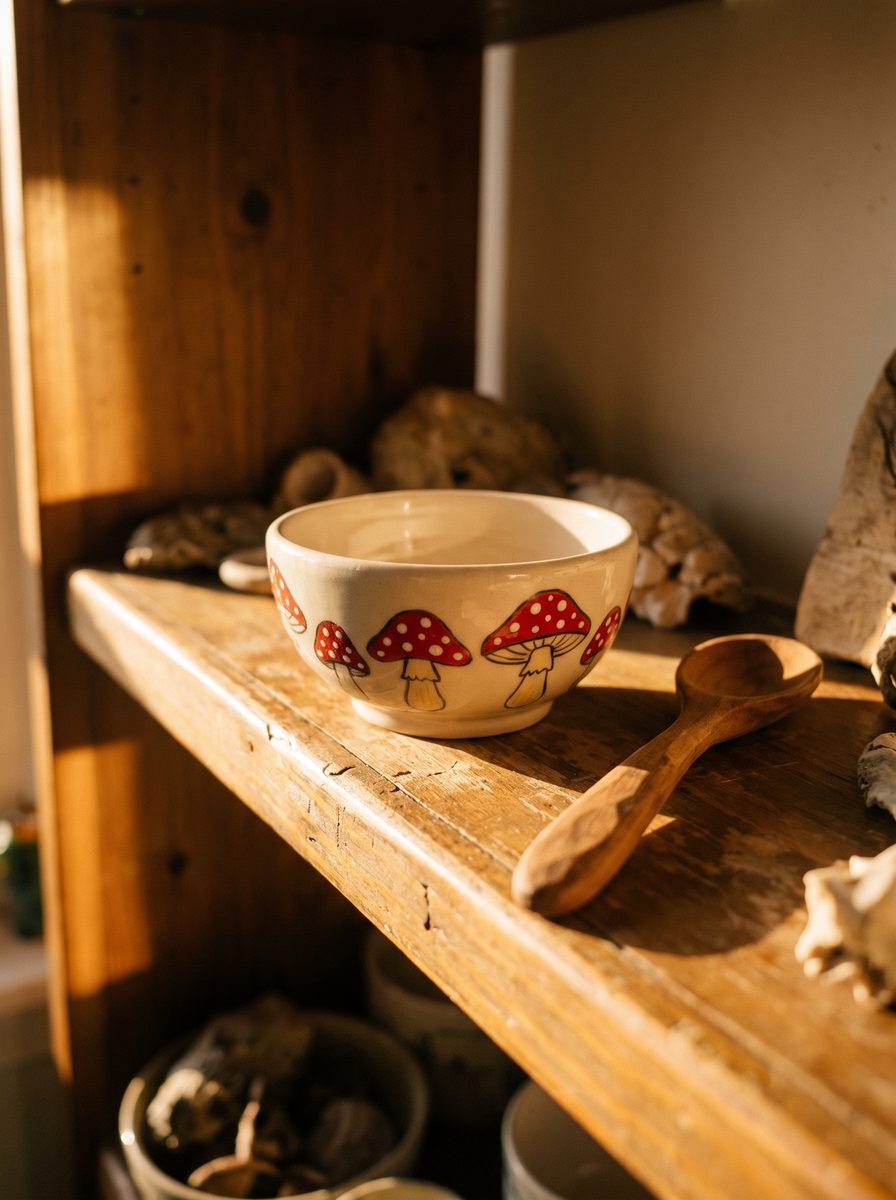 Cream bowl ringed with red-capped white-spotted mushrooms outlined in black on a rustic wooden shelf beside a carved spoon