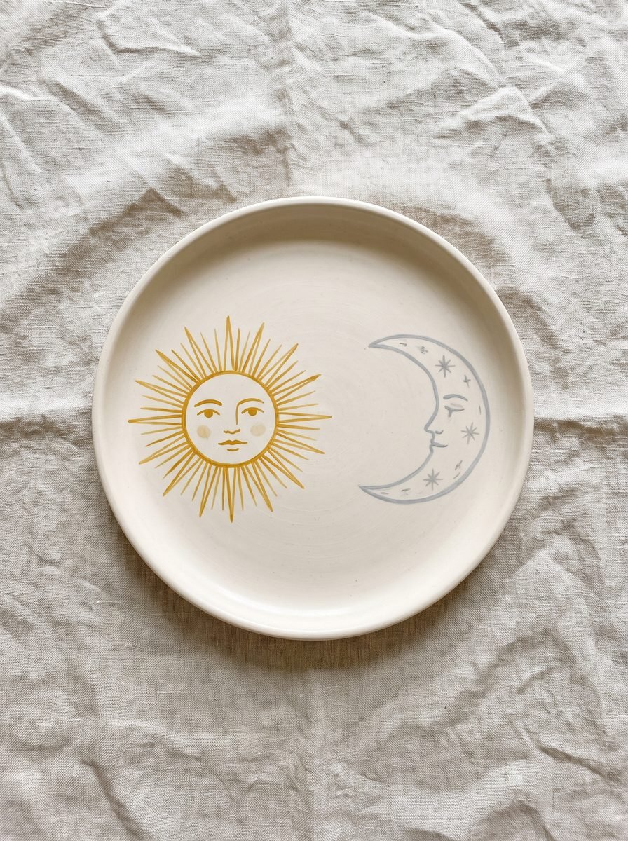 Cream plate hand-painted with a mustard sun face with long rays and a pale grey-blue crescent moon face with small stars on rumpled linen