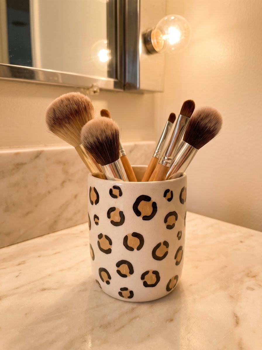 Straight-sided white cup painted with tan and dark brown leopard spots holding makeup brushes on a marble bathroom vanity