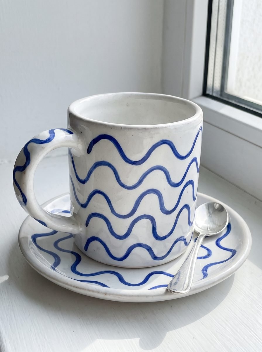 White mug and matching saucer wrapped in cobalt blue wavy lines including the handle with a silver spoon on a white windowsill