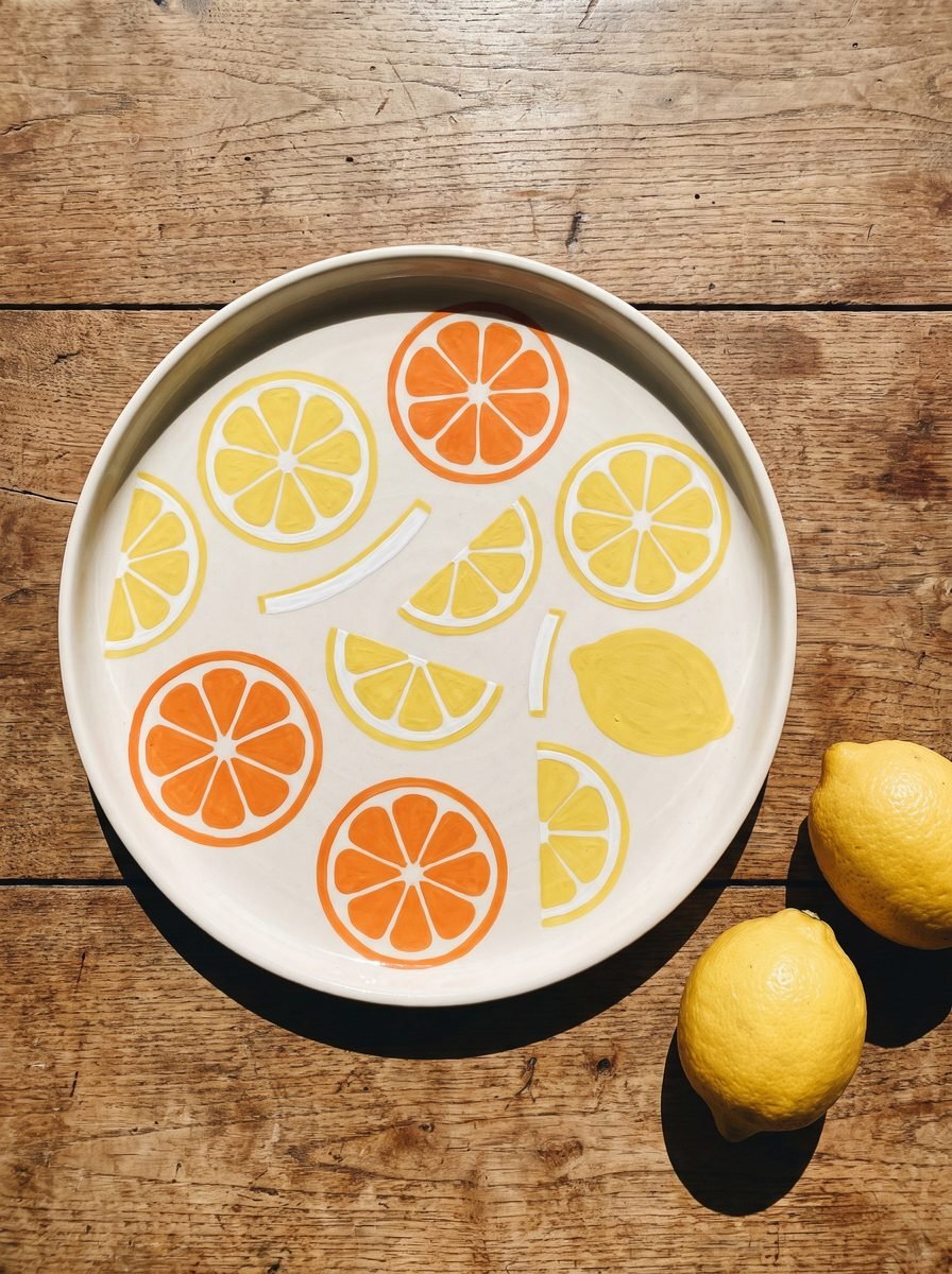 Large cream serving plate painted with flat yellow lemon and orange slices beside two real lemons on a rustic wooden table