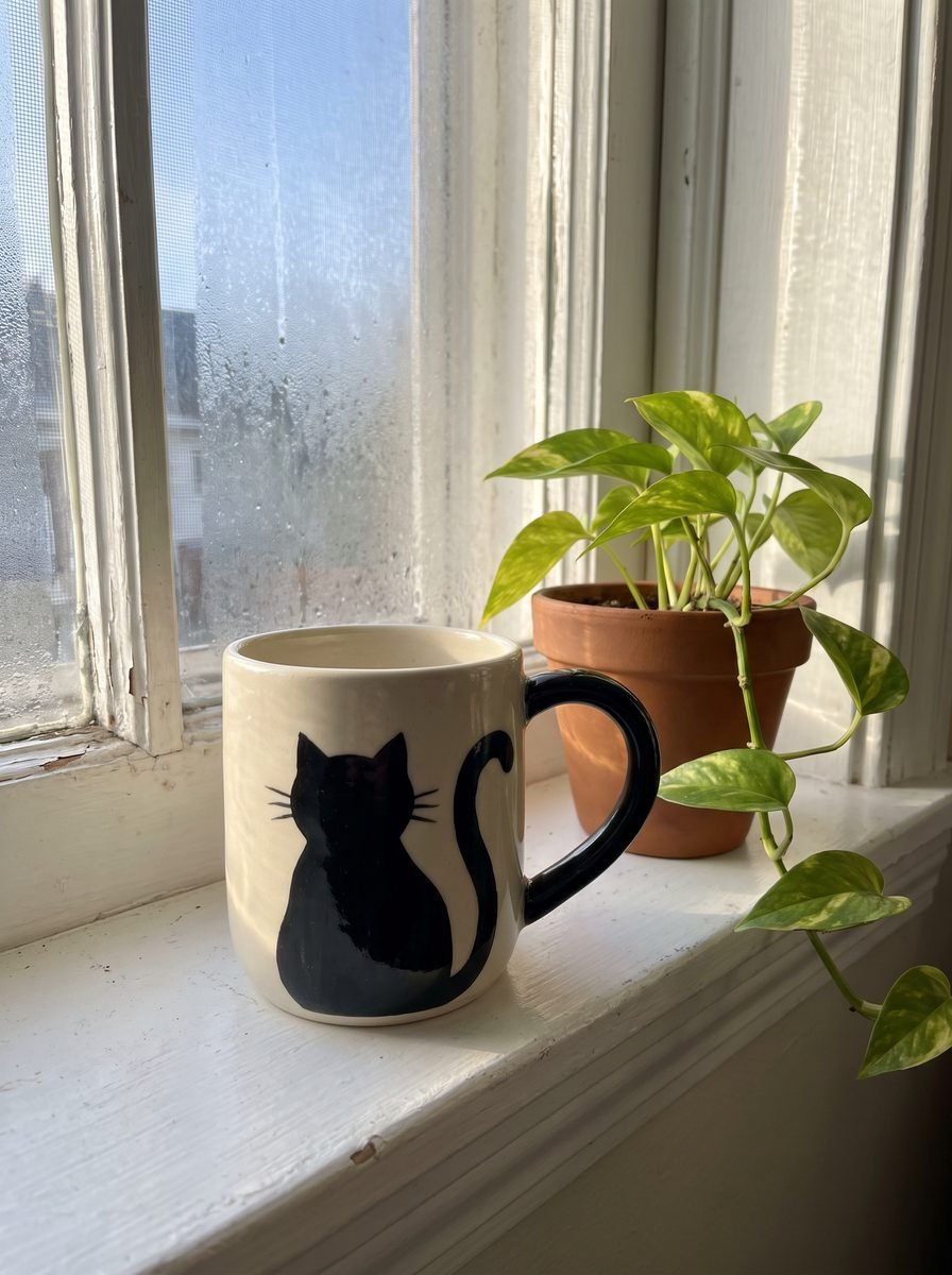 Cream mug with a solid black cat silhouette and a black handle on a white windowsill beside a pothos in a terracotta pot