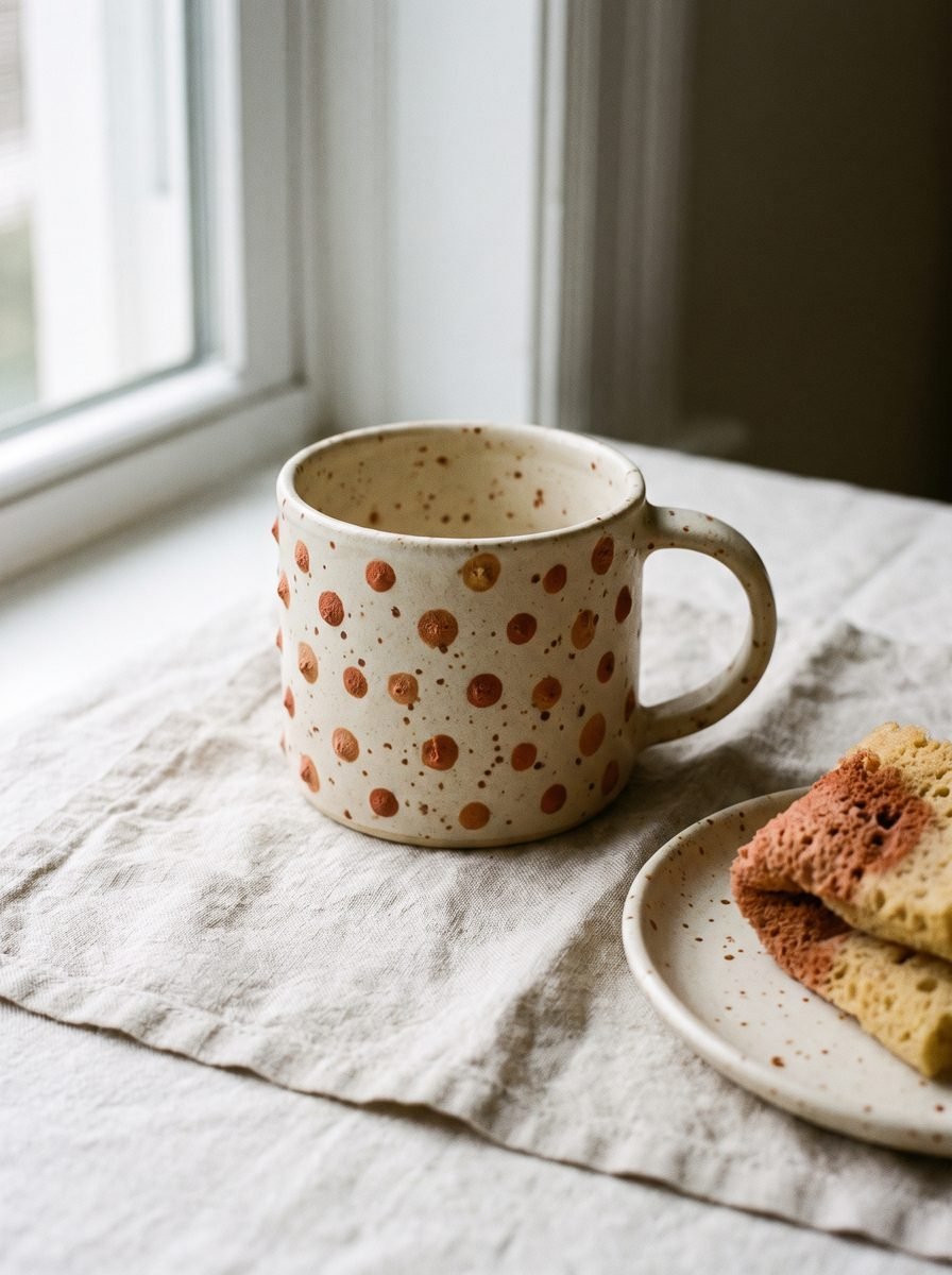 Cream mug covered in rust and terracotta sponged dots and fine flecks on a linen cloth beside a plate with two pieces of sponge