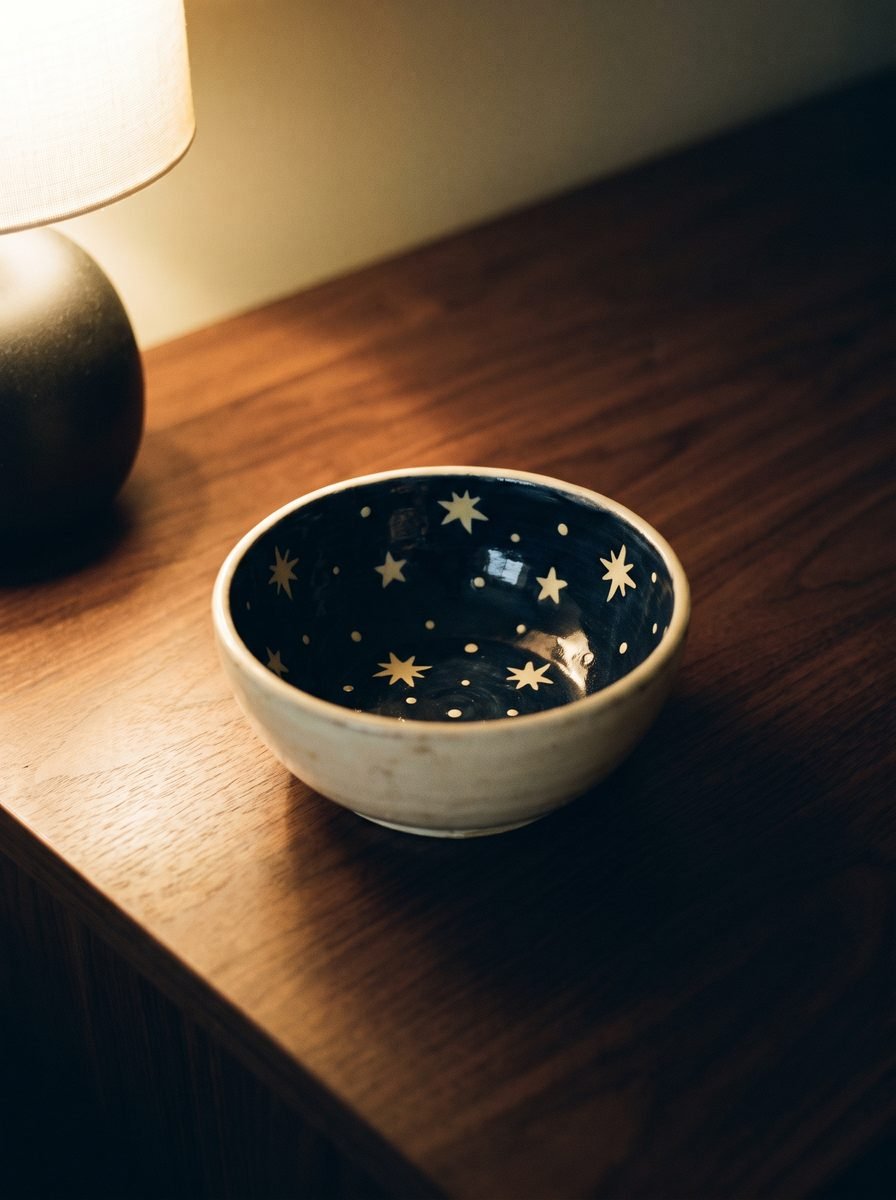 Small bowl with a deep navy interior scattered with cream stars and dots and a plain cream exterior on a walnut table under lamp light