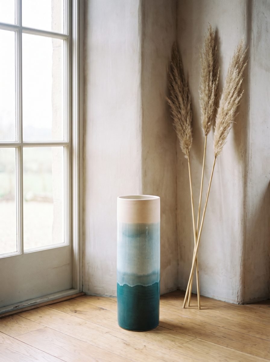 Tall cylinder vase faded from deep teal at the base through pale blue to a bare cream rim on an oak floor beside dried pampas grass