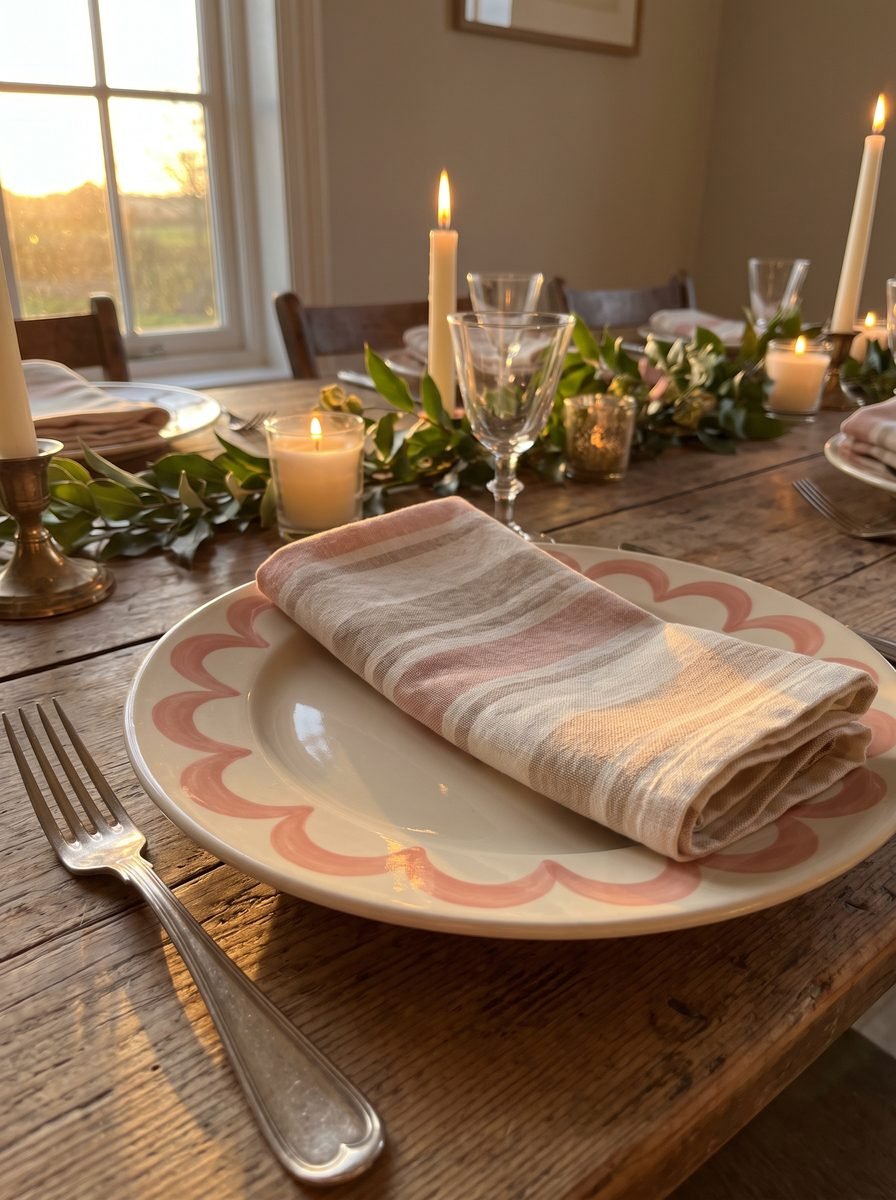 Cream dinner plate with a hand-painted rose pink scalloped border holding a folded striped napkin on a candlelit dinner table