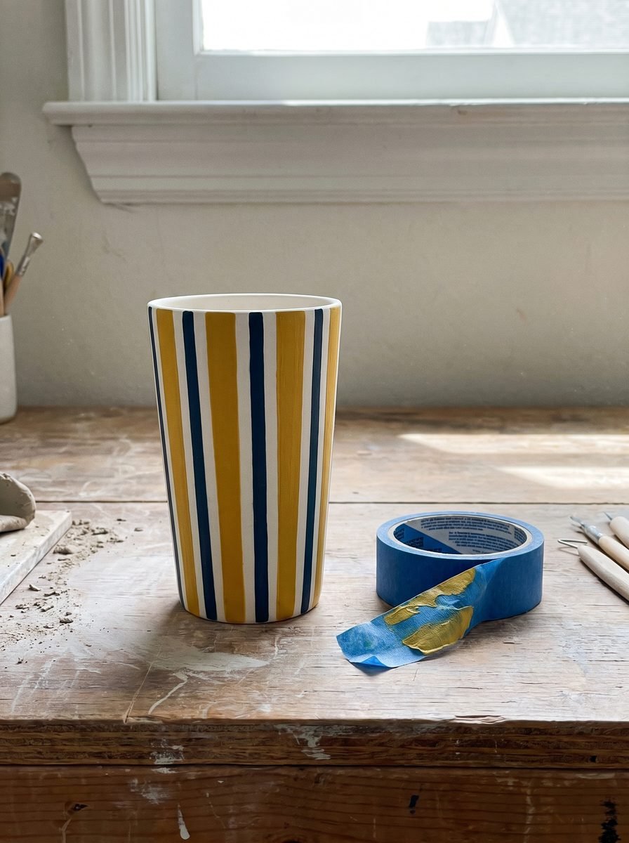 Tall tumbler with mustard and navy vertical stripes next to a roll of blue painter's tape on a studio workbench