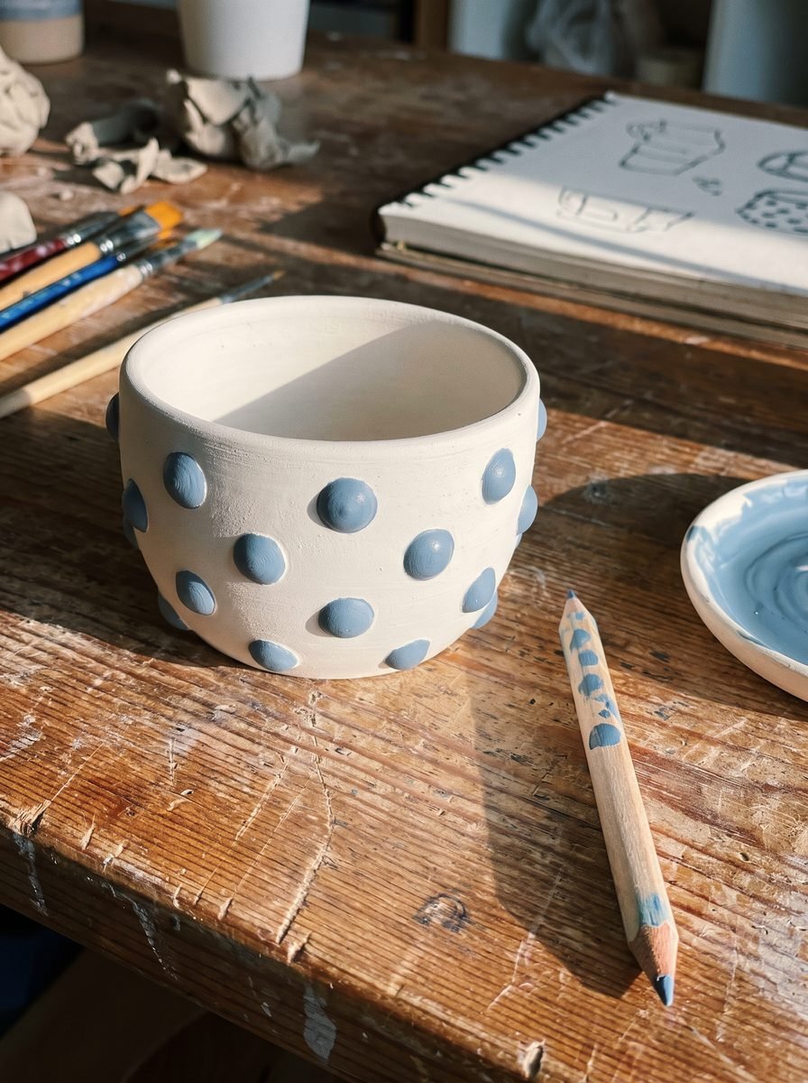 Small white bowl with pale blue raised dots in staggered rows on a scarred wooden studio bench beside a sketchbook and a pencil