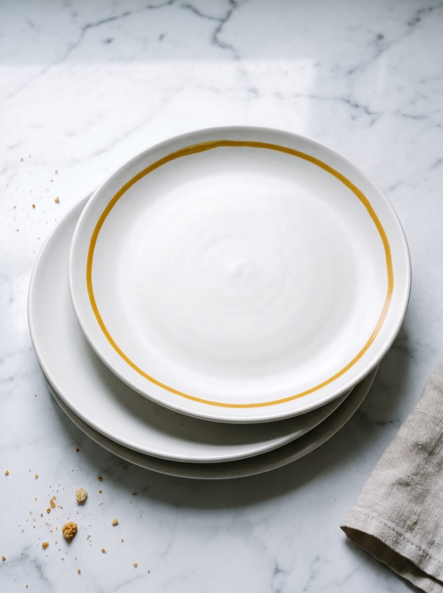 Two stacked matte white plates on a marble counter, the top plate with a single hand-painted mustard line just inside the rim