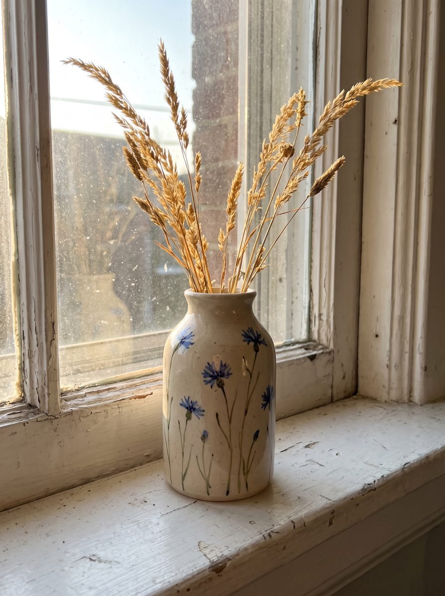 Cream bud vase painted with blue cornflowers on thin green stems holding dried wheat on a peeling white windowsill
