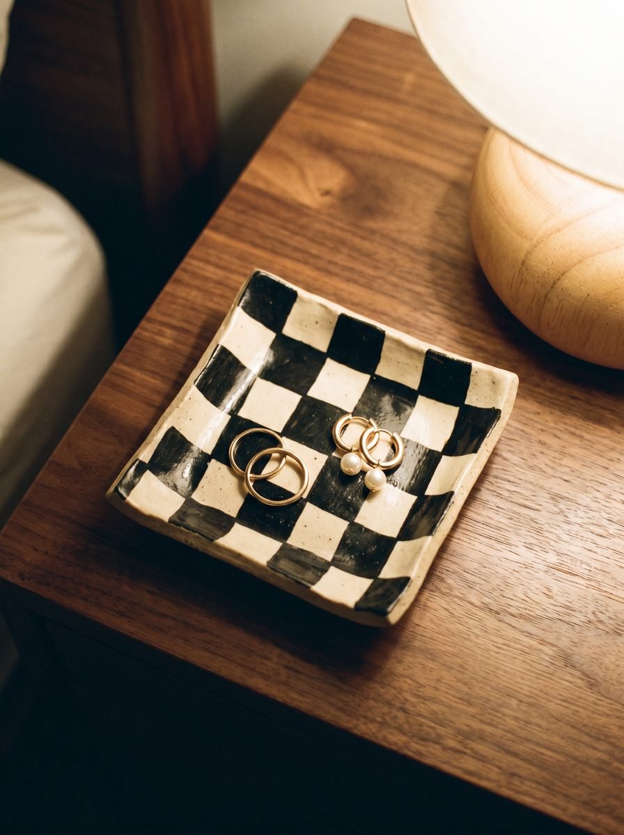 Square ceramic dish painted in a loose black and cream checkerboard holding gold rings and pearl earrings on a walnut nightstand