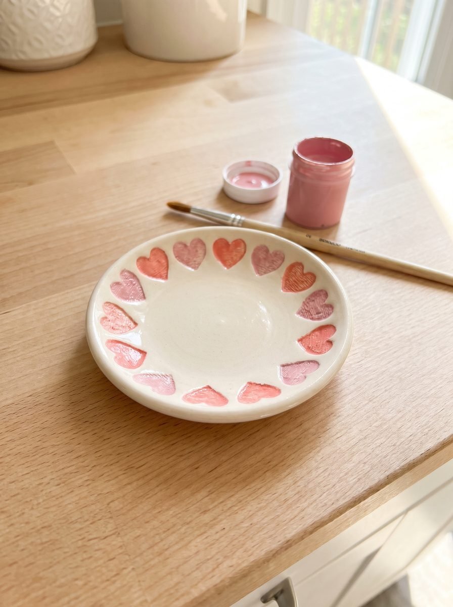 Round cream dish ringed with hand-painted hearts in coral, rose and pale pink beside an open jar of pink underglaze and a brush