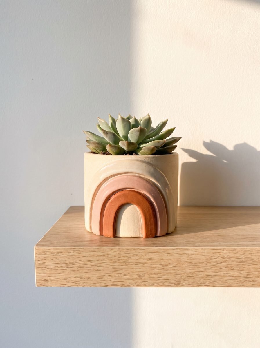 Small cream ceramic planter with raised rainbow arches in blush and terracotta holding a succulent on a light oak shelf