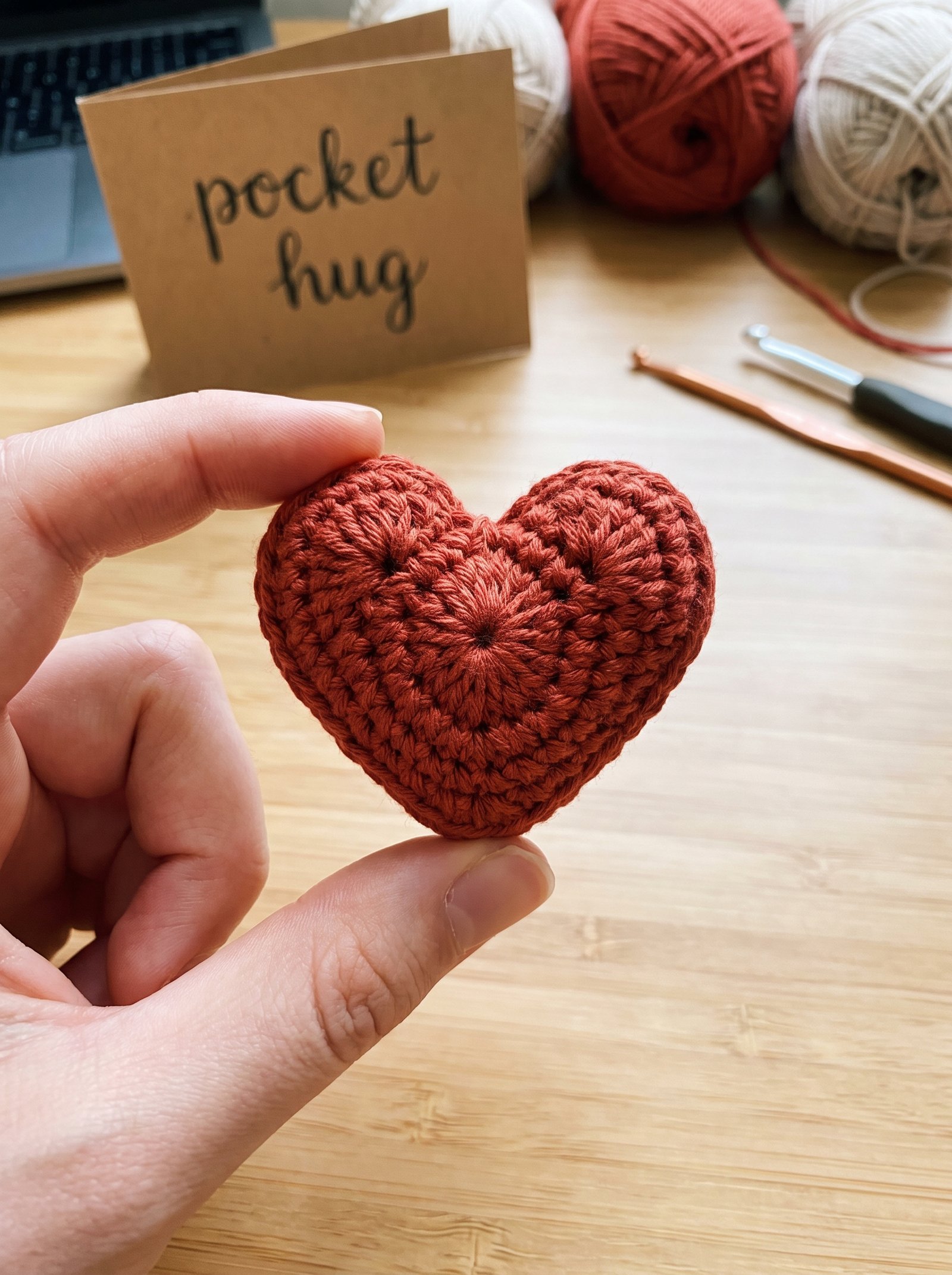 Terracotta crochet pocket hug heart held between fingers on a warm wooden studio workshop desk