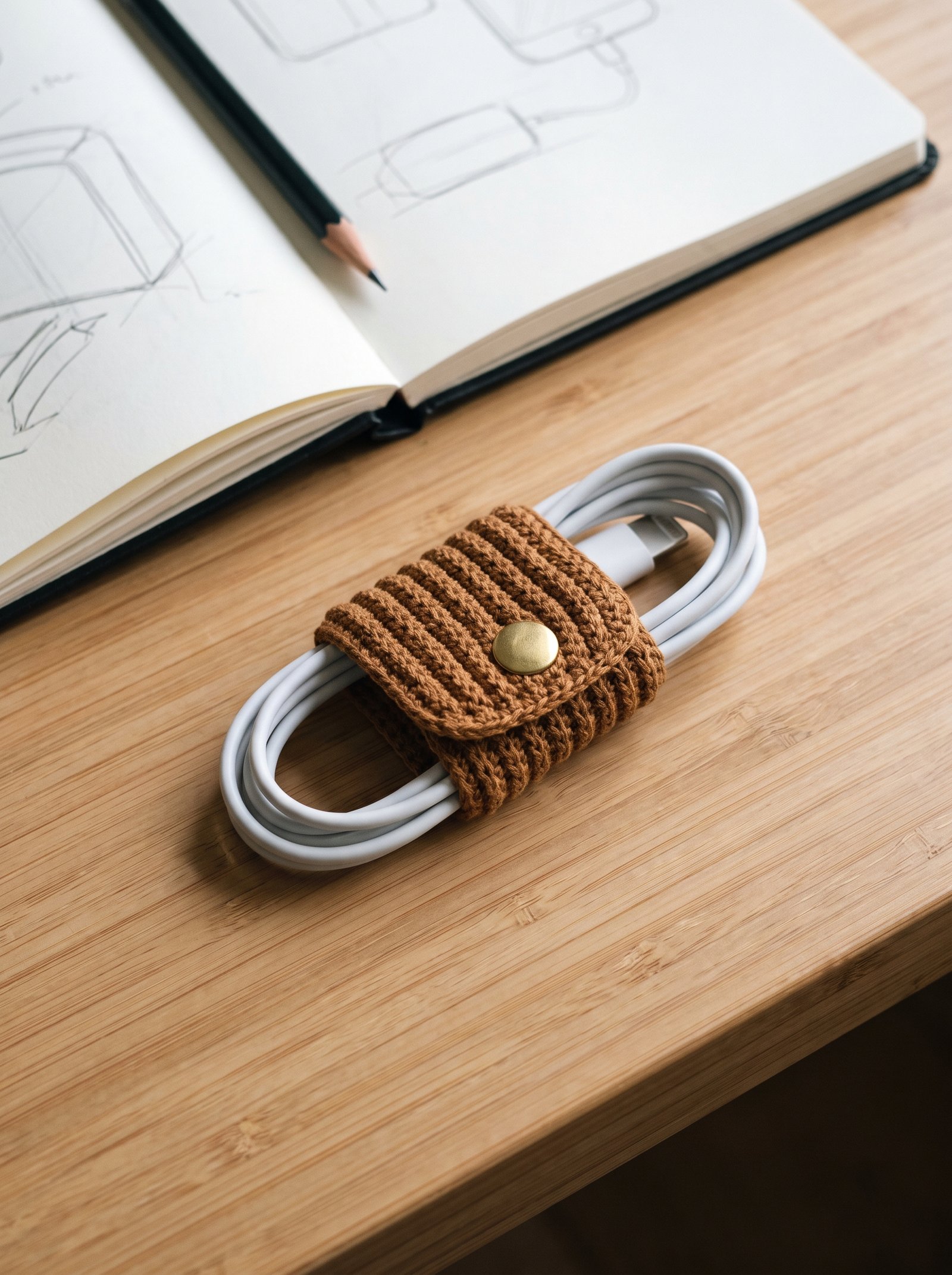 Caramel brown ribbed crochet cable keeper wrapped around a phone charger with a brass snap