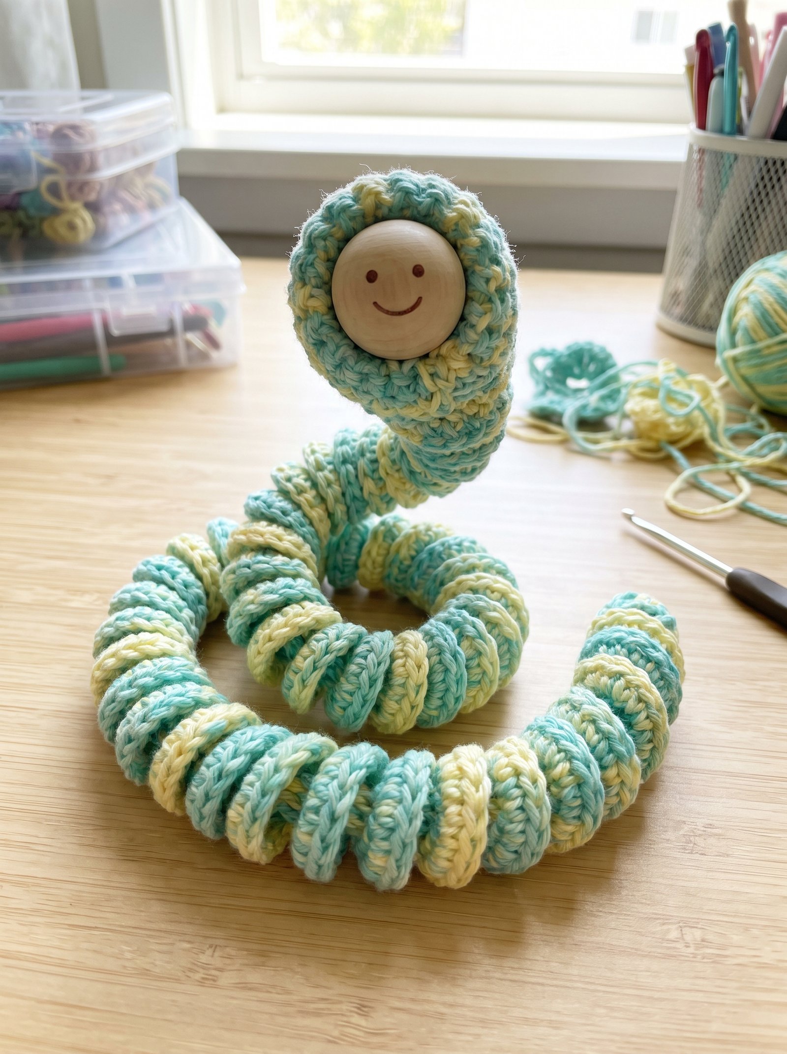 Variegated pastel crochet spiral worry worm with a natural wooden face bead on a craft table