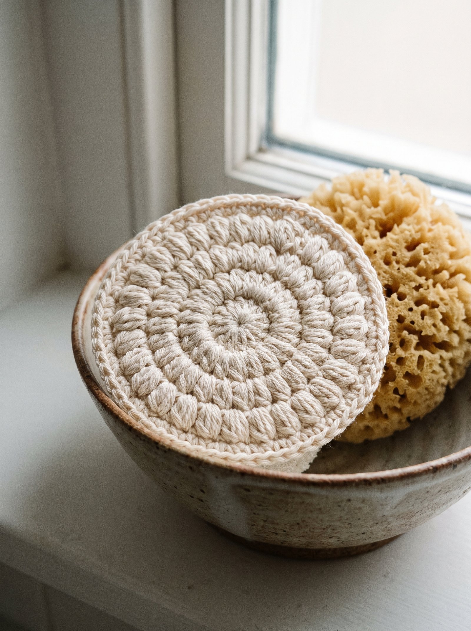 Cream crochet puff stitch round face scrubbie resting on a ceramic dish beside a natural sea sponge