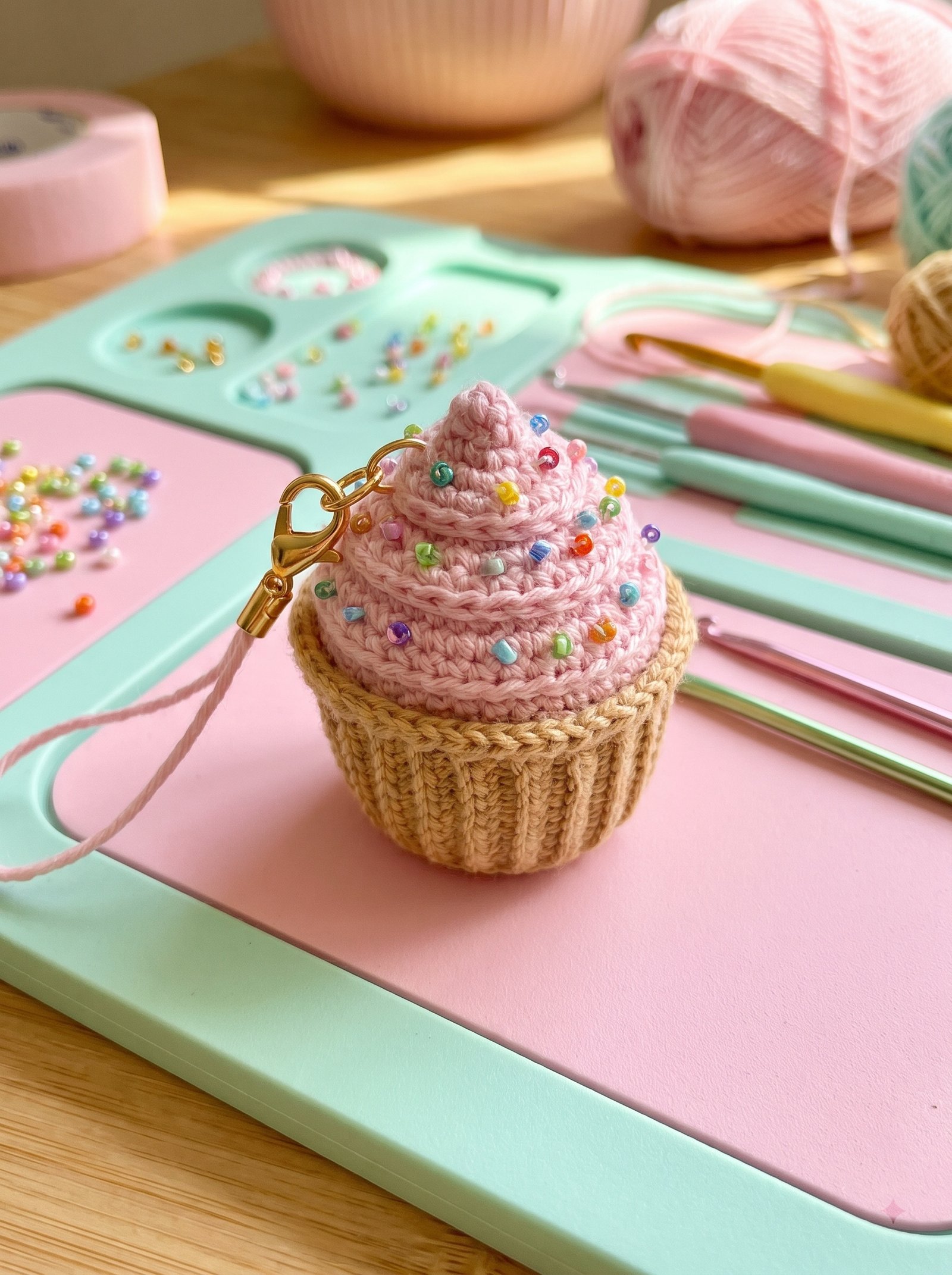 Pastel pink and tan crochet cupcake charm with tiny seed bead sprinkles on a craft desk mat